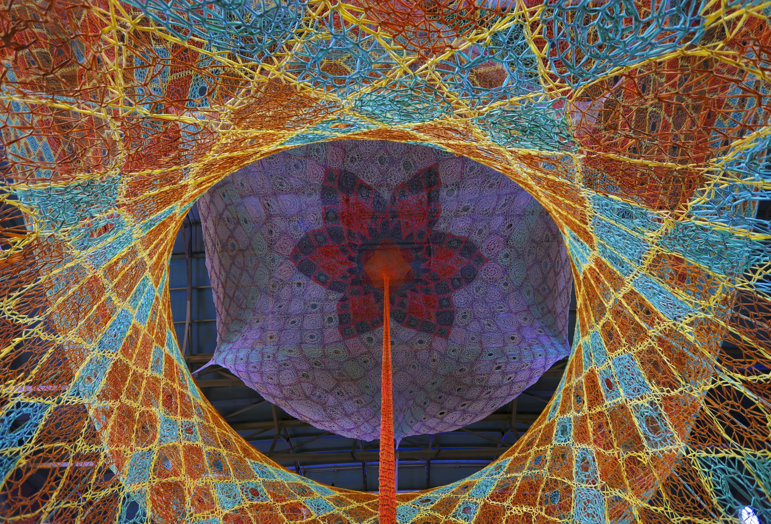 pink, red, and blue floral textile